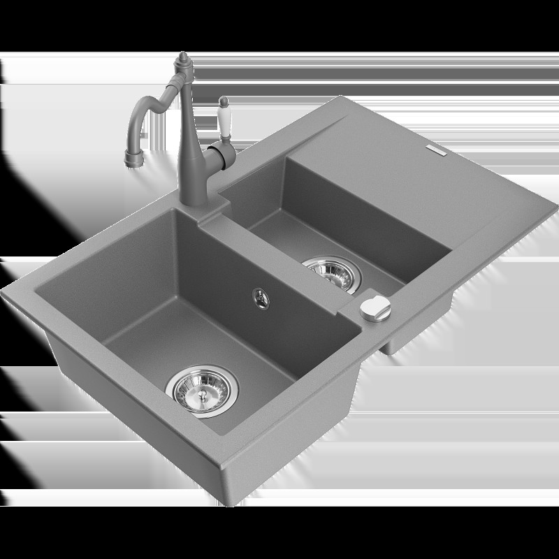 Mexen Gaspar granitový 1,5-komorový drez s odkvapkávačom a kuchynskou batériou Carla, Šedá - 6507-71-670700-71